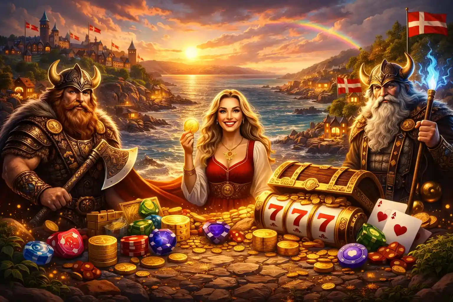 Vikinger og spiller ved kyst med mønter og casino elementer
