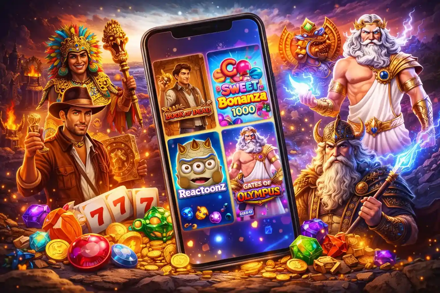 Populære spilleautomater vist på smartphone med farverig casinostemning